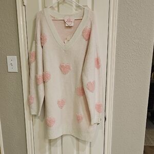 NWT No Comment Pink Fuzzy V-Neck Sweater Pink Hearts Oversized Comfy Feminine 2X